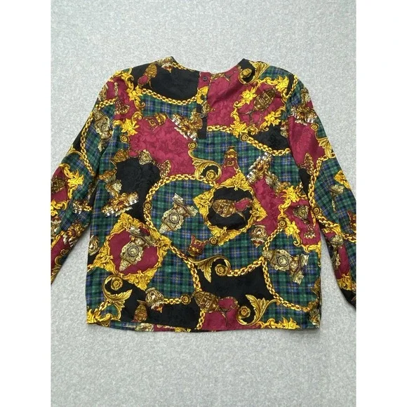 Vintage Bells Camice‎ Womens Blouse Large 12 Silk Baroque Chain Plaid 90s Preppy - Picture 9 of 13